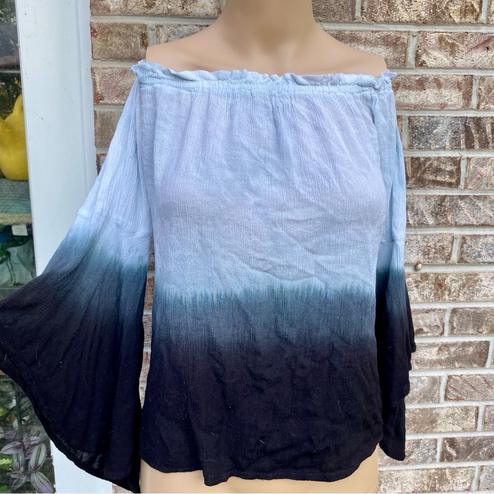 Light Blue/White/Black Ombré Bell Sleeve Gauzy Off The Shoulder Blouse